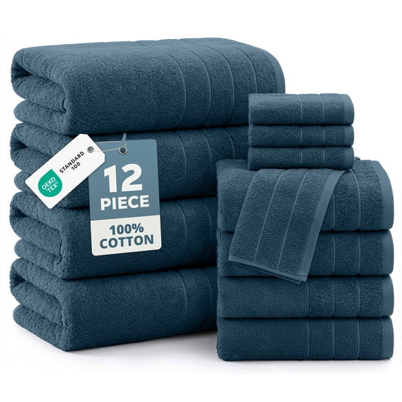 Casa Platino 12 Piece Towel Set, 4 Bath Towels 30x60 inch, 4 Hand Towels & 4 washcloths (13" x 13"), Highly Absorbent Cotton Towels for Bathroom - Steel Blue