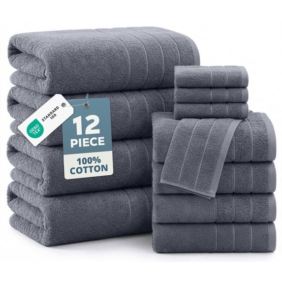 Casa Platino 12 Piece Towel Set, 4 Bath Towels 30x60 inch, 4 Hand Towels & 4 washcloths (13" x 13"), Highly Absorbent Cotton Towels for Bathroom - Ultimate Grey