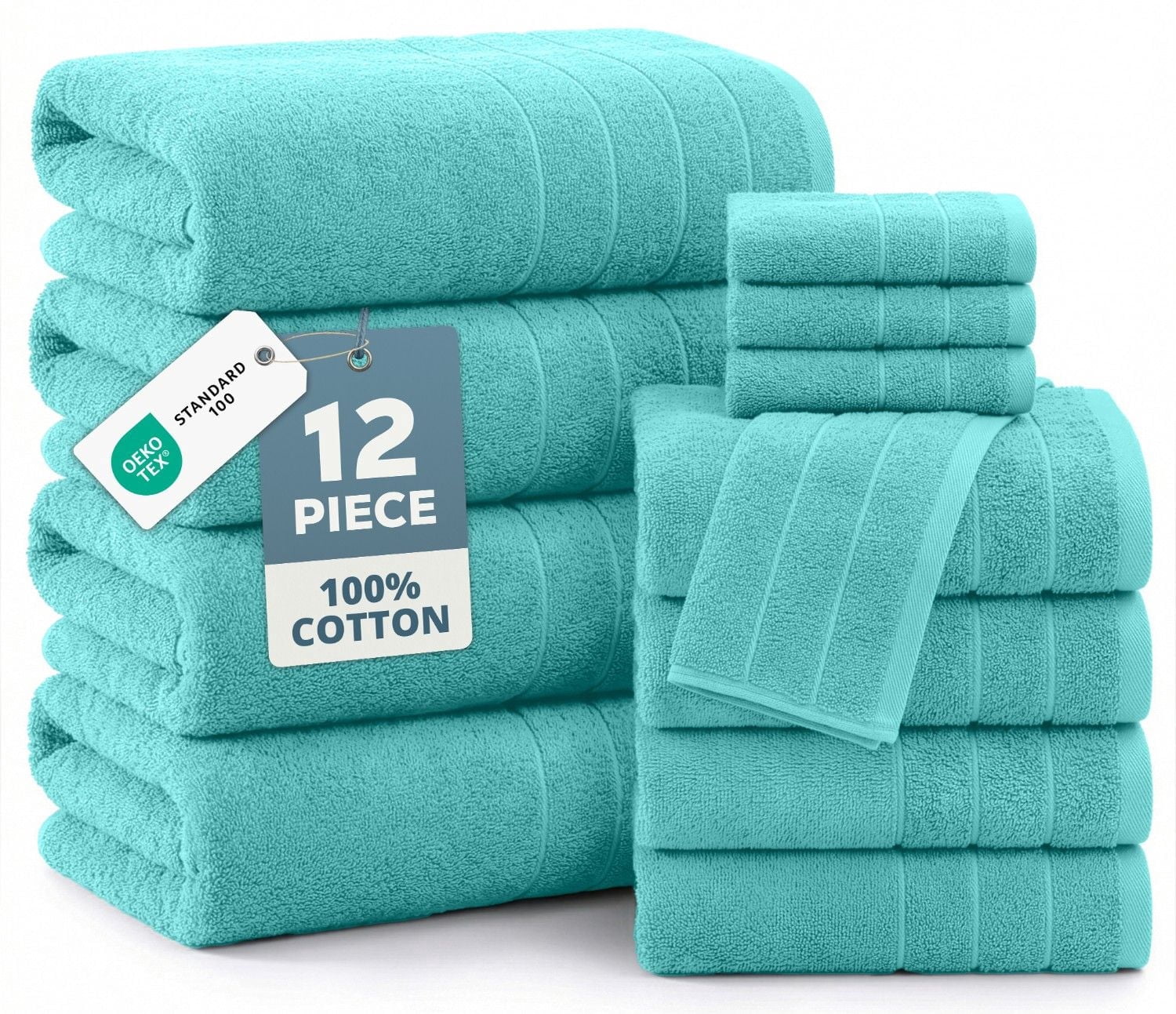 Casa Platino 12 Piece Bath Towels Set - Includes 4 Large Bath Towels, 4 Hand Towels & 4 Washcloths - Soft Absorbent Cotton Towels for Bathroom - Aqua Sky