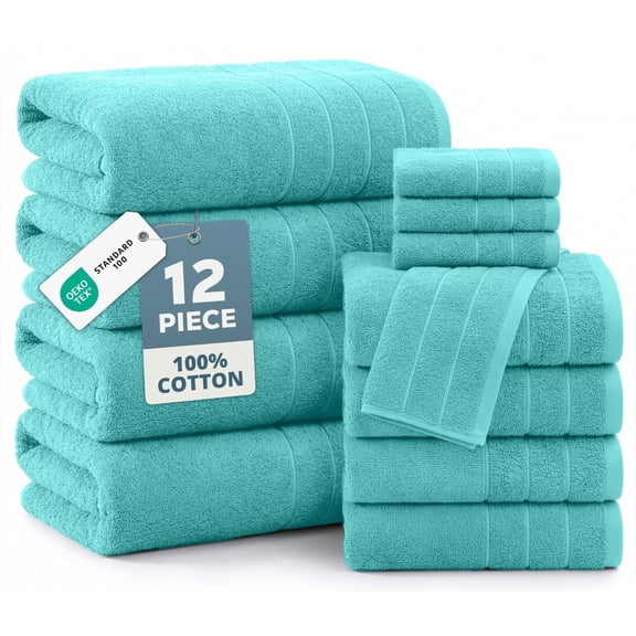 Casa Platino 12 Piece Bath Towels Set - Includes 4 Large Bath Towels, 4 Hand Towels & 4 Washcloths - Soft Absorbent Cotton Towels for Bathroom - Aqua Sky