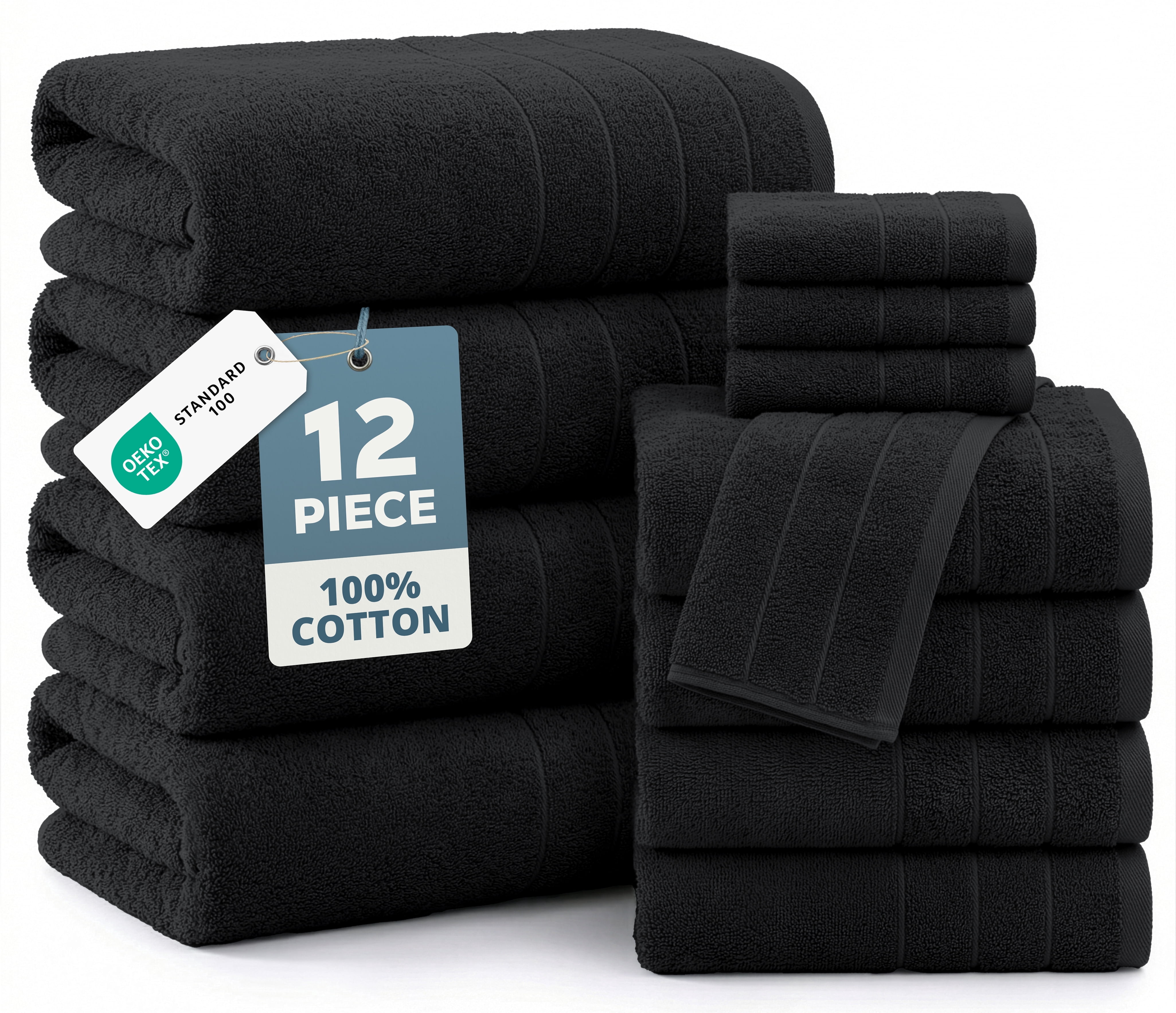 Casa Platino 12 Piece 100% Cotton Towel Set - Includes Bath Towels, Hand Towels & Washcloths - Soft & Durable Towels for Everyday Use - Black