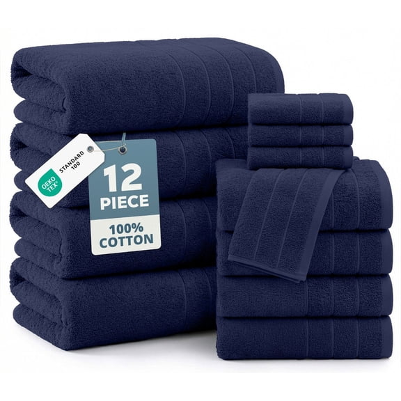 Casa Platino 12 Piece 100% Cotton Towel Set - Bath Towels, Hand Towels & Washcloths - Soft & Durable for Everyday Use - Navy