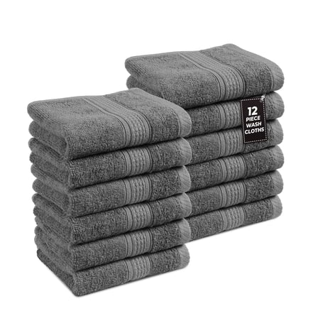 Casa Platino 12 Piece Wash Coths, 100% Premium Cotton, Soft Washcloths for faces, 13"x13" Washcloths 12 Pack- Grey