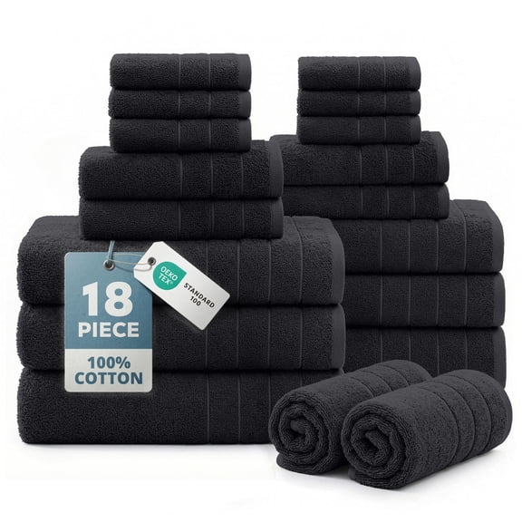 Casa Platino 18 Piece 100% Cotton Towel Set - Includes Bath Towels, Hand Towels & Washcloths - Soft & Durable Towels for Everyday Use - Black