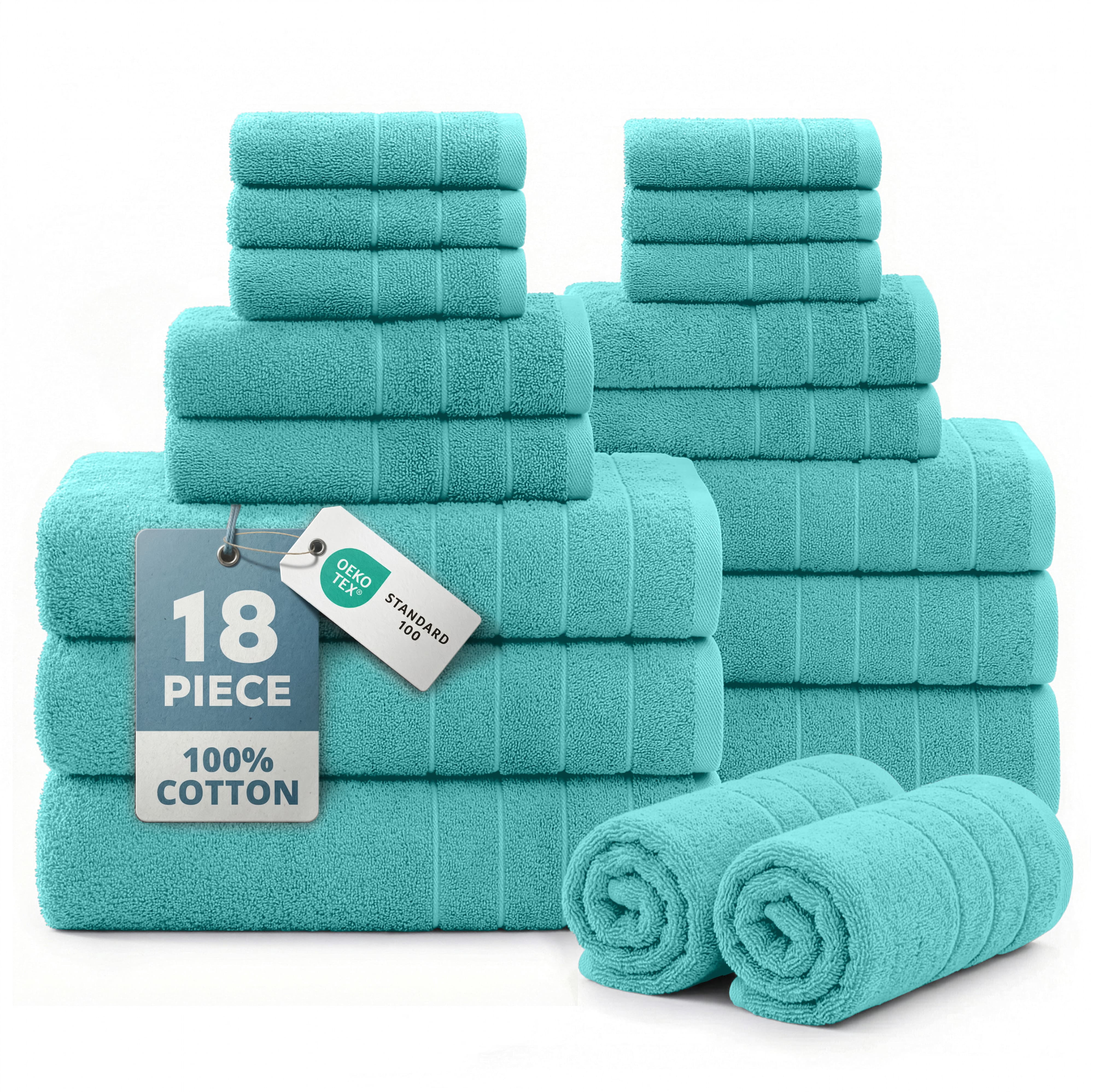 Casa Platino 18 Piece Bath Towels Set - Includes 6 Large Bath Towels, 6 Hand Towels & 6 Washcloths - Soft Absorbent Cotton Towels for Bathroom - Aqua Sky