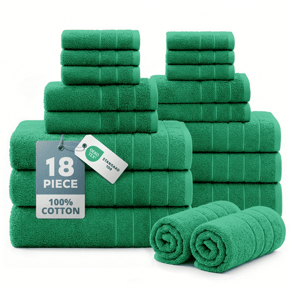 Casa Platino 18 Piece Cotton Towel Set - Includes 6 Large Bath Towels, 6 Hand Towels & 6 Washcloths - Soft & Quick Dry Towels for Bathroom - Emerald
