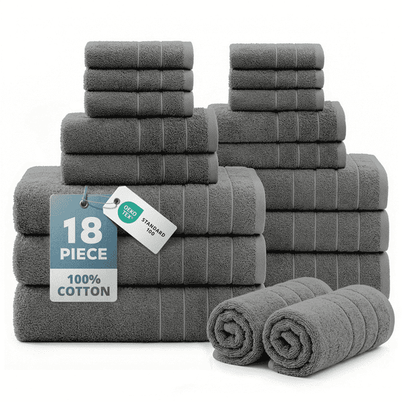 Casa Platino 18 Piece Towel Set, 6 Bath Towels 30x60 inch, 6 Hand Towels & 6 Washcloths, Highly Absorbent Cotton Towels for Bathroom - Ultimate Grey