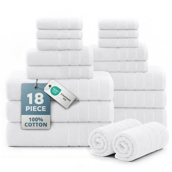 Casa Platino 18 Piece White Cotton Towels Set - Includes 6 Large White Bath Towels, 6 Hand Towels & 6 Washcloths - Soft Absorbent Towels for Bathroom