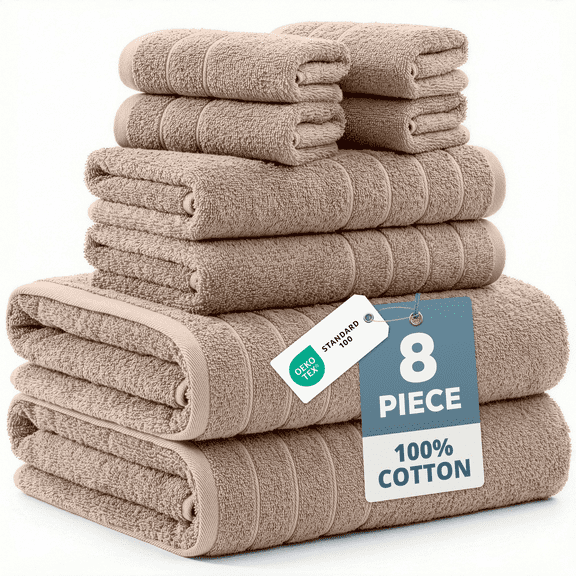 Casa Platino Bathroom Towels Set of 24 – Luxury 100% Ring-Spun Cotton, 2 Bath Sheets, 2 Gym, 2 Bath, 4 Fingertip, 6 Hand, 8 Washcloths, Soft, Absorbent, Easy Care – Towny Brown