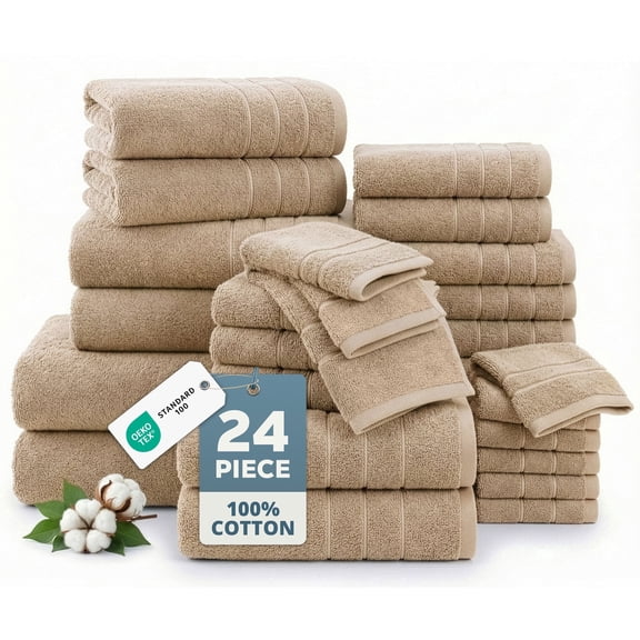 Casa Platino Bathroom Towels Set of 24 – Luxury 100% Ring-Spun Cotton, 2 Bath Sheets, 2 Gym, 2 Bath, 4 Fingertip, 6 Hand, 8 Washcloths, Soft, Absorbent, Easy Care – Towny Brown