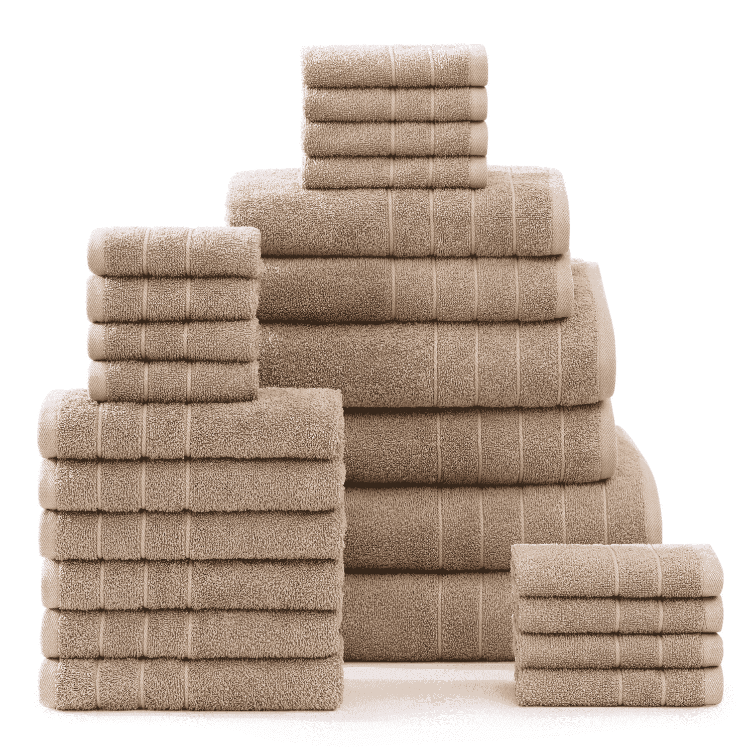 Casa Platino Bathroom Towels Set of 24 – Luxury 100% Ring-Spun Cotton, 2 Bath Sheets, 2 Gym, 2 Bath, 4 Fingertip, 6 Hand, 8 Washcloths, Soft, Absorbent, Easy Care – Towny Brown