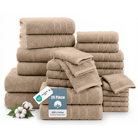 Casa Platino Bathroom Towels Set of 24 – Luxury 100% Ring-Spun Cotton, 2 Bath Sheets, 2 Gym, 2 Bath, 4 Fingertip, 6 Hand, 8 Washcloths, Soft, Absorbent, Easy Care – Towny Brown