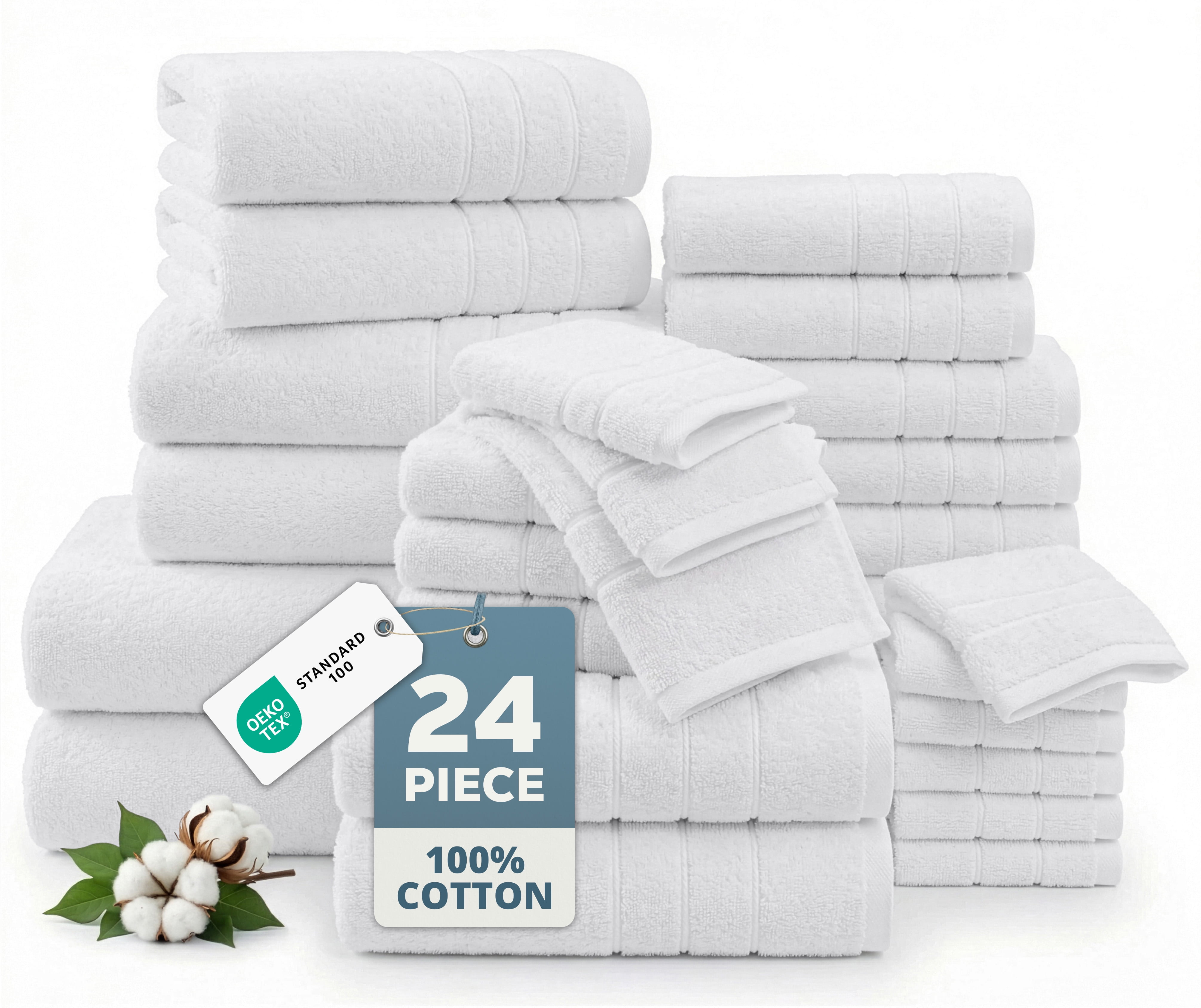 Casa Platino 100% Ring-Spun Cotton Bath Towels Set of 24 - 2 Bath Sheets, 2 Gym Towel, 2 Bath, 4 Fingertip, 6 Hand, 8 Washcloths, Gentle on Body, Quick Dry, Everyday Use – White