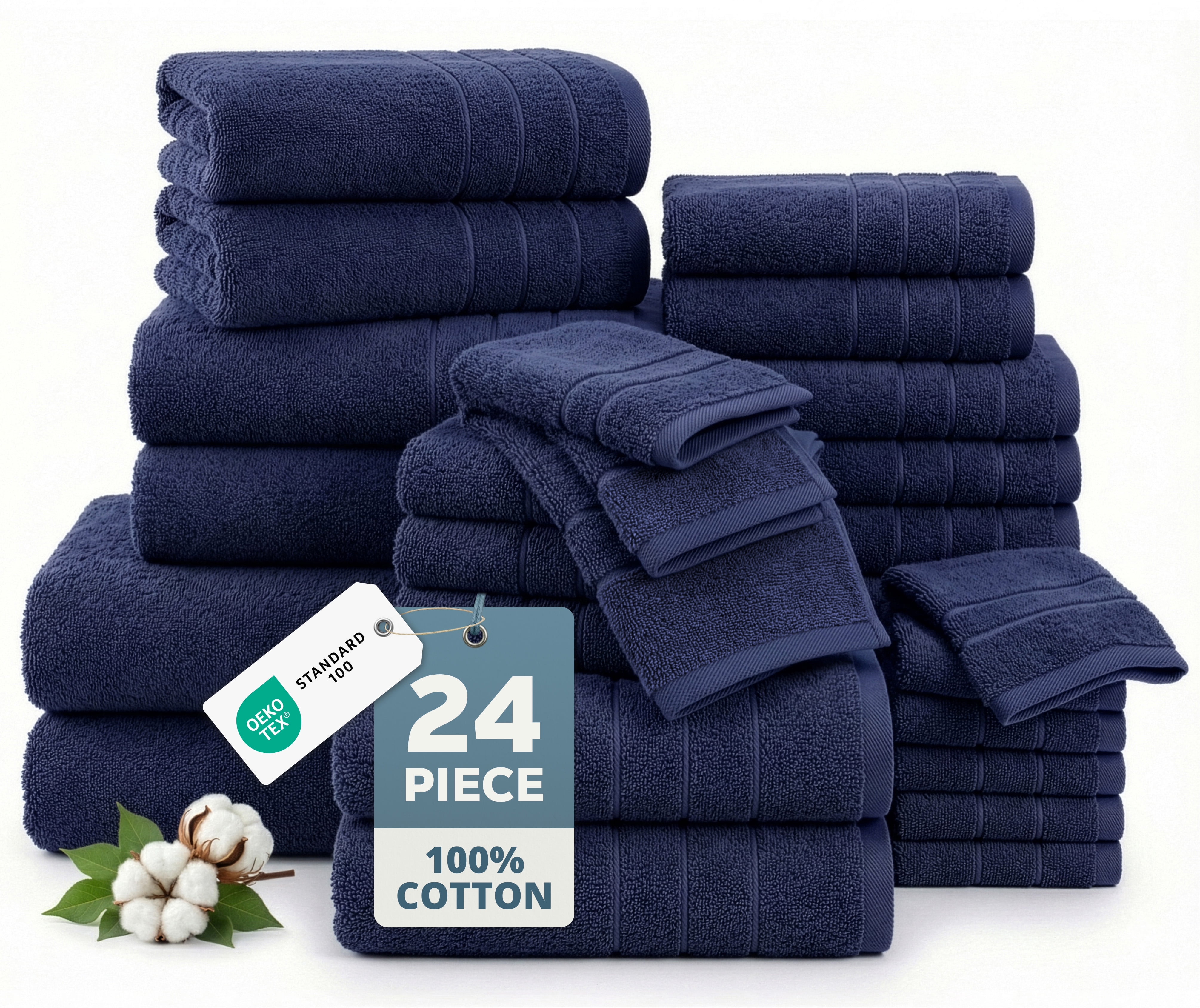 Casa Platino 24-Pack Bathroom Towel – 100% Ring-Spun Cotton, 2 Bath Sheets, 2 Gym Towel, 2 Bath, 4 Fingertip, 6 Hand, 8 Washcloths, Soft After Wash – Denim