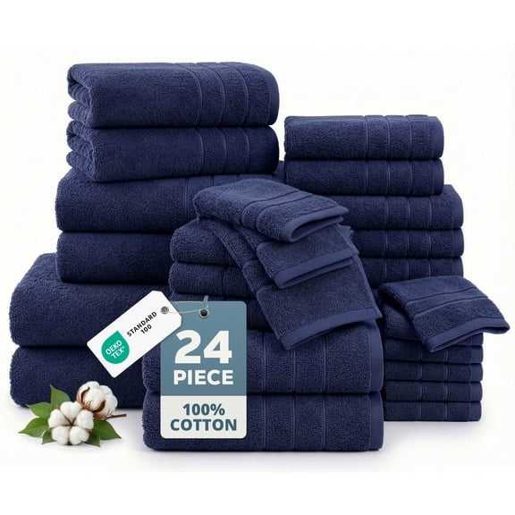 Casa Platino 24-Pack Bathroom Towel – 100% Ring-Spun Cotton, 2 Bath Sheets, 2 Gym Towel, 2 Bath, 4 Fingertip, 6 Hand, 8 Washcloths, Soft After Wash – Denim