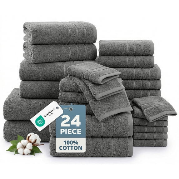 Casa Platino Bath Towel Set of 24 – 100% Ring-Spun Cotton with 2 Bath Sheets, 2 Gym Towels, 2 Bath, 4 Fingertip, 6 Hand, 8 Washcloths, Ideal for Spa & Hotel, Machine Washable – Grey