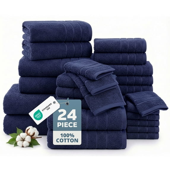 Casa Platino 24-Piece Luxury Towels for Bathroom – 100% Ring-Spun Cotton, 2 Bath Sheets, 2 Gym Towel, 2 Bath, 4 Fingertip, 6 Hand, 8 Washcloths, Ultra Soft, Easy Care – Navy