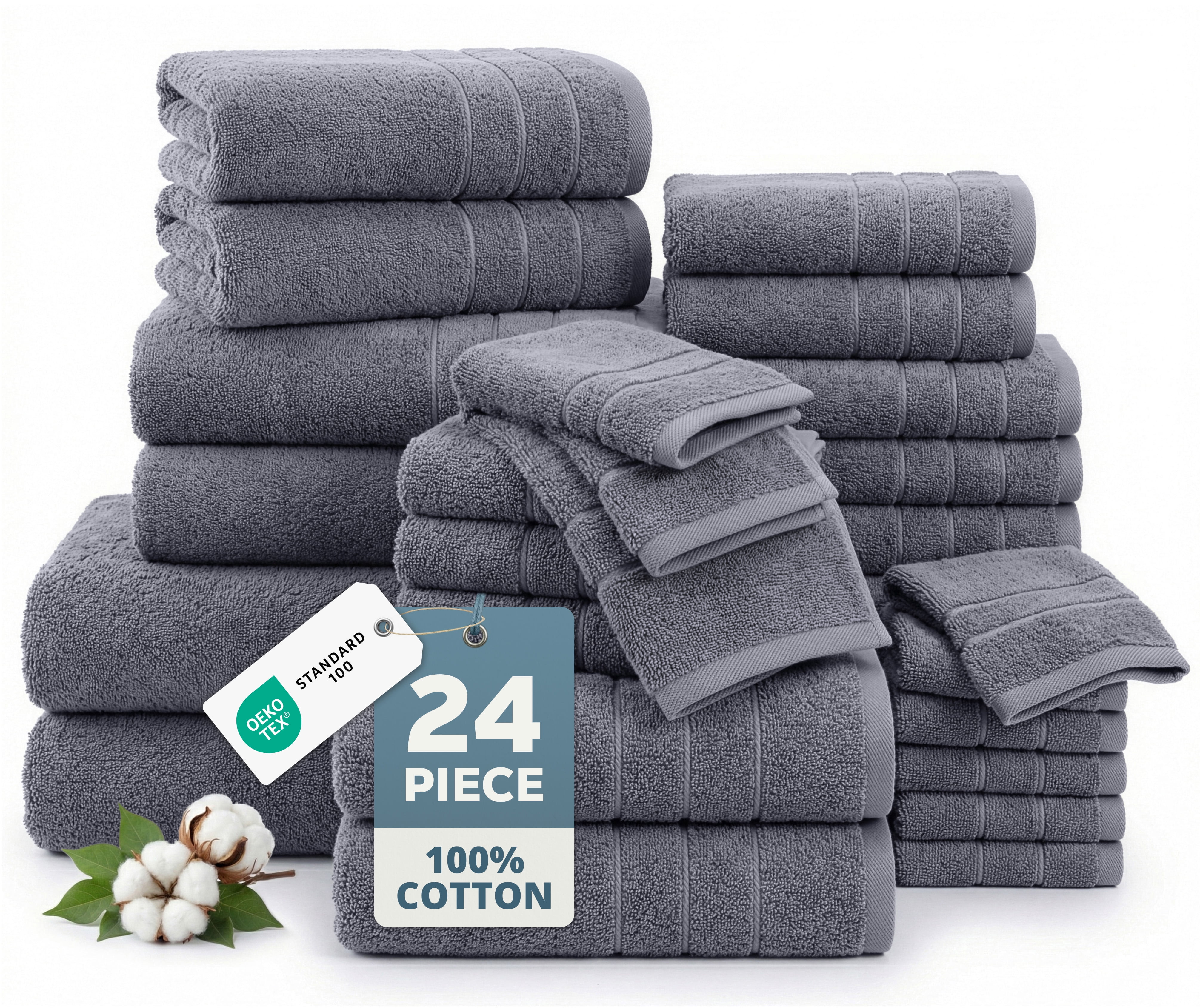 Casa Platino 100% Ring-Spun Cotton Towels Pack of 24 – 2 Bath Sheets, 2 Gym Towel, 2 Bath, 4 Fingertip, 6 Hand, 8 Washcloths, Ideal for Family & Airbnb, Easy Care – Cool Grey