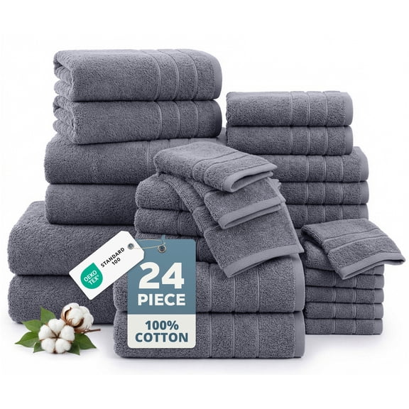 Casa Platino 100% Ring-Spun Cotton Towels Pack of 24 – 2 Bath Sheets, 2 Gym Towel, 2 Bath, 4 Fingertip, 6 Hand, 8 Washcloths, Ideal for Family & Airbnb, Easy Care – Cool Grey