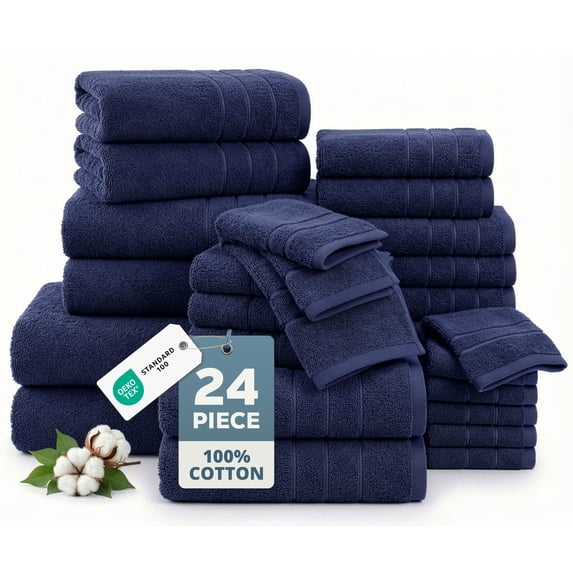 Casa Platino 24-Piece Luxury Towels for Bathroom – 100% Ring-Spun Cotton, 2 Bath Sheets, 2 Gym Towel, 2 Bath, 4 Fingertip, 6 Hand, 8 Washcloths, Ultra Soft, Easy Care – Navy
