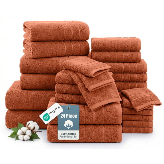 Casa Platino Bath Towel Set of 24 – Premium 100% Cotton Ring-Spun, 2 Bath Sheets, 2 Gym Towels, 2 Bath, 4 Fingertip, 6 Hand, 8 Washcloths, Quick Dry, Hotel & Spa Quality – Rust