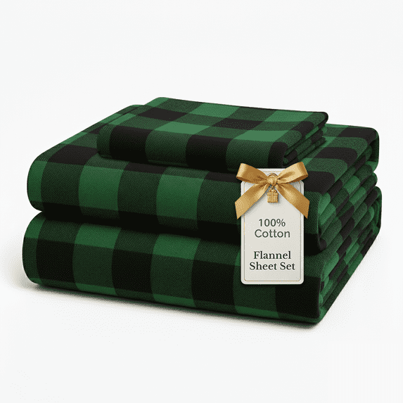 Casa Platino 3 Piece Flannel Twin Bed Sheet Set, 100% Cotton Deep Pocket Fitted Sheets, Buffalo Green