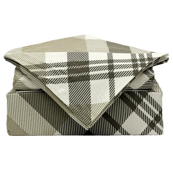 Casa Platino 4 Piece Flannel Bed Sheet Set, 100% Cotton Deep Pocket Bedding Sheets, King, Gray Plaid