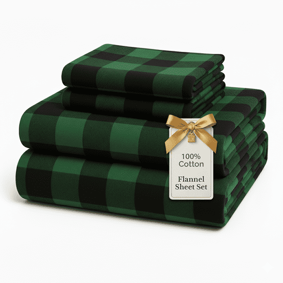 Casa Platino 4 Piece Flannel Sheet Set, 100% Cotton Deep Pocket Bed Sheets, King Size, Buffalo Green