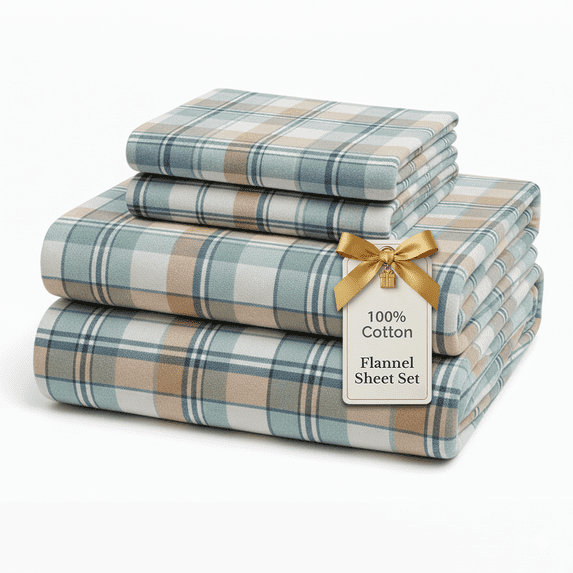 Casa Platino 4-piece White Plaid 100% Cotton Flannel Bed Sheet Set, King – Deep Pocket