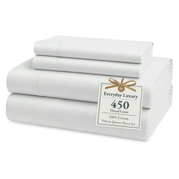 Casa Platino Queen Sheet Set – 450TC 100% Cotton Cooling Sheets Queen, Hotel Sateen Finish, Soft Durable Daily Comfort, Machine Washable – White