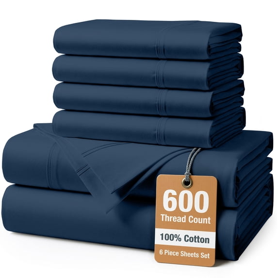 Casa Platino 600 TC 100% Cotton California King Bedding Sheets Set, Soft & Comfy, Sateen Weave, Fully Elasticized, Machine Wash - Estate Blue