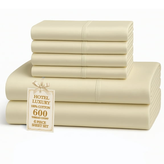 Casa Platino Cal King Sheets – 100% Natural Cotton, 600 Thread Count Hotel Sateen Finish, 6 Piece Bedding Set with Soft Feel, 15” Deep Pocket – Ivory