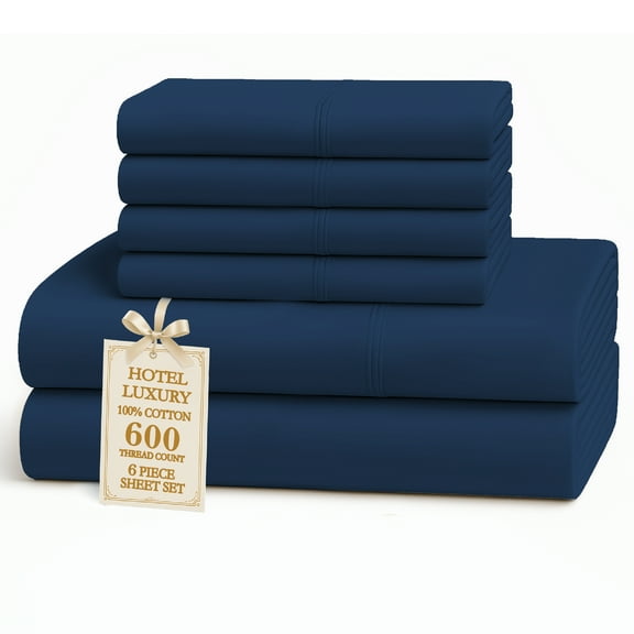 Casa Platino 100% Cotton Sheets – 6 Piece California King Bedding Set, 600 Thread Count Sateen Weave, Soft on Skin, Deep 15” Pocket, Easy Wash – Denim