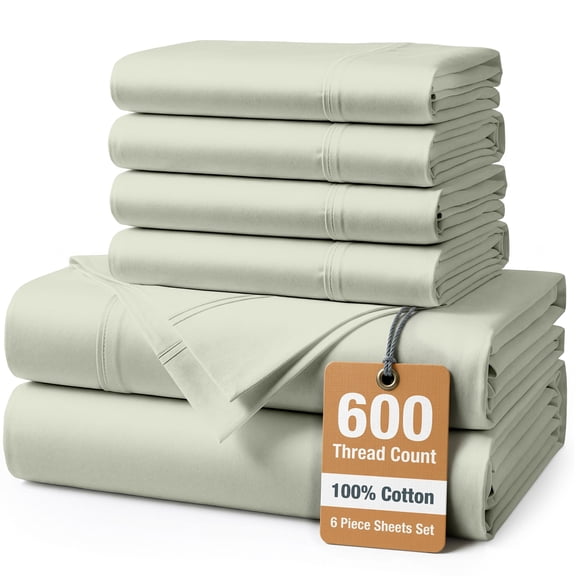 Casa Platino 100% Cotton Full Sheet set – Premium 6 Piece 600 Thread Count Sheets, Hotel Buttery Soft & Smooth Sateen Finish, Naturally Temperature Regulating, 15” Deep Pocket – Mineral
