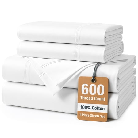 Casa Platino 600 TC 100% Cotton Twin XL Bed Sheets Set - Soft & Comfy Cotton Bedding Sheets, Luxury Bed Sheet Set for Dorm Rooms & More - White