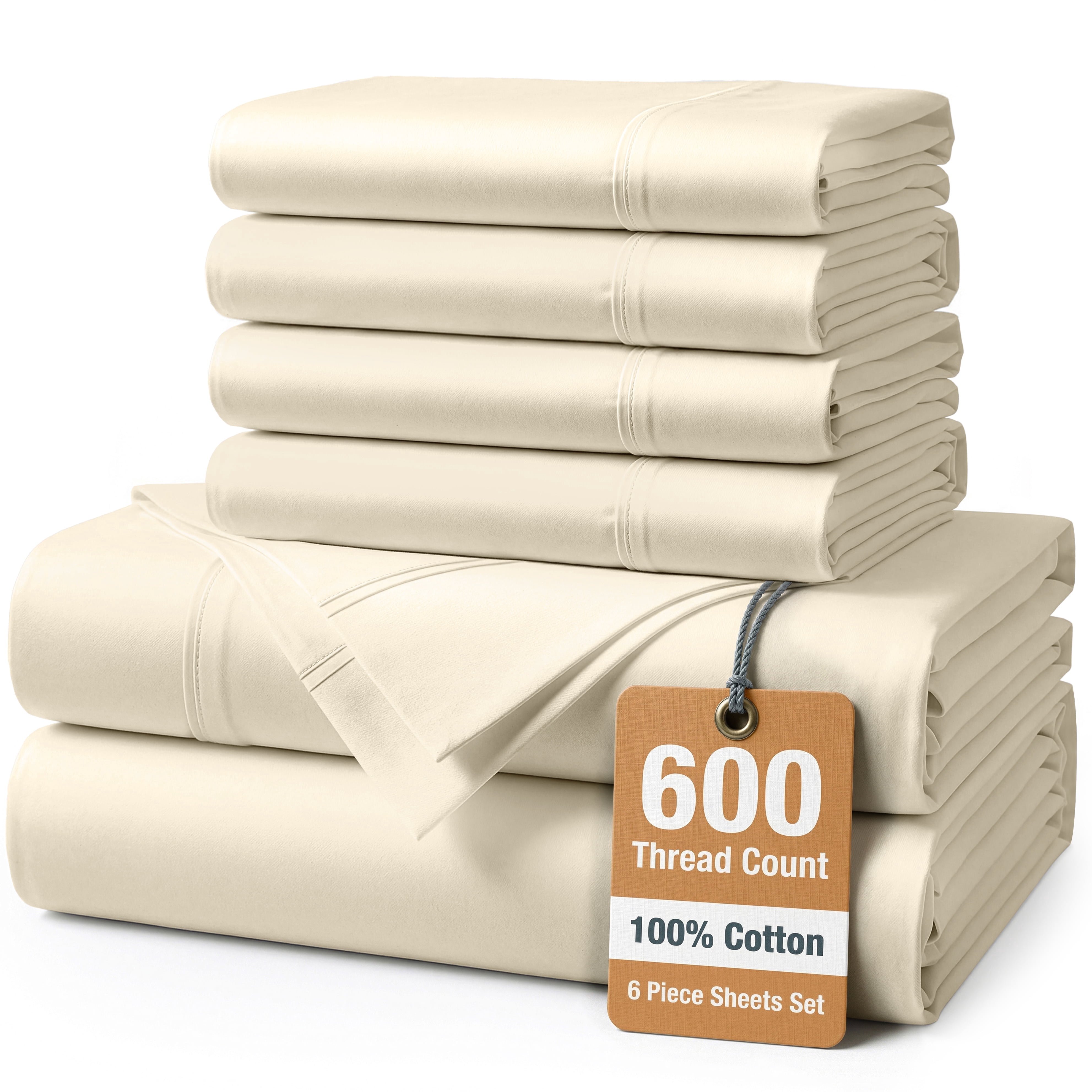 100% Cotton Sheet Set – 600 Thread Count Queen Bed Sheets, Luxuriously Soft Sateen Sheet for Everyday Comfort, Snug Fit 15" Deep Pocket, 2 Additional Pillowcases – Ivory