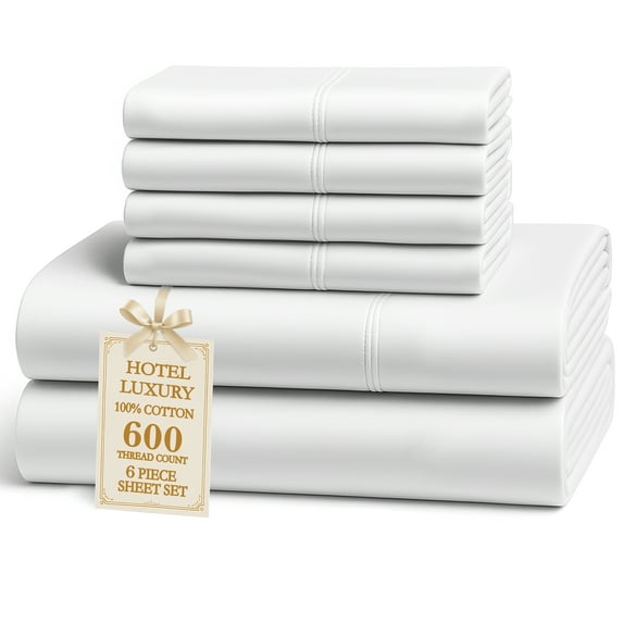 Casa Platino Queen Bed Sheets Set – 6 Piece, 600 Thread Count, 100% Cotton Sheets, Hotel Luxury Sateen Finish, 15" Deep Pocket, Easy to Wash – White