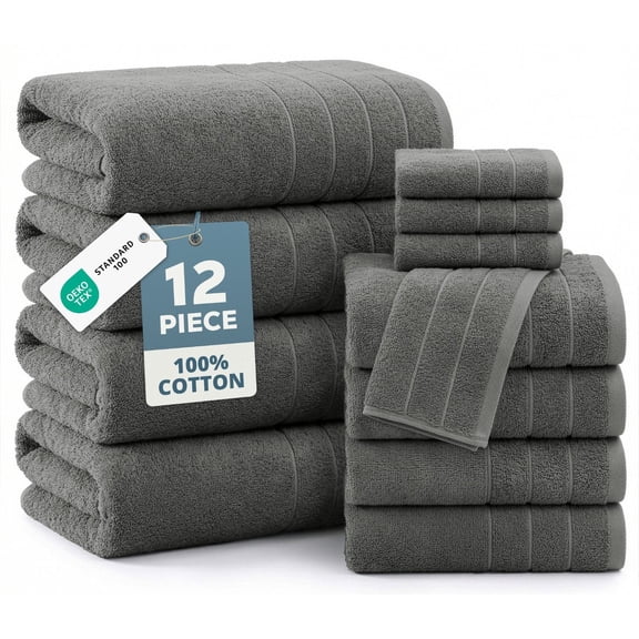 Casa Platino 12 Piece Bath Towels Set - 4 Large Bath Towels, 4 Hand Towels & 4 Washcloths - Soft Absorbent Cotton Towels for Bathroom - Cool Grey