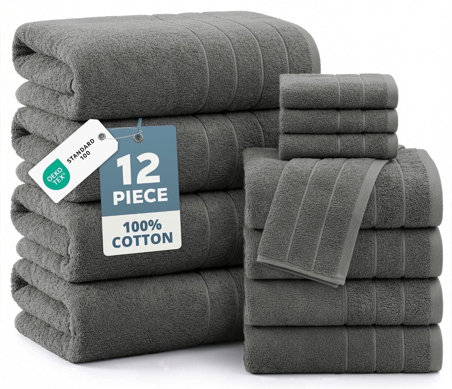 Casa Platino 12 Piece Bath Towels Set - 4 Large Bath Towels, 4 Hand Towels & 4 Washcloths - Soft Absorbent Cotton Towels for Bathroom - Cool Grey