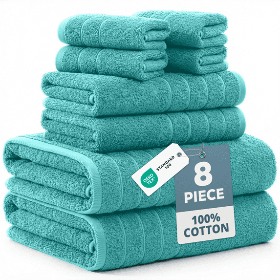 Casa Platino Bath Towel Set of 8 – 100% Ring-Spun Cotton with 2 Bath, 2 Hand Towels & 4 Washcloths, Ultra Soft, Quick-Dry, Ideal for Spa, Hotel & Everyday Use – Aqua Sky