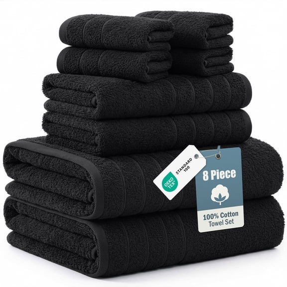 Casa Platino 8-Pack Towels for Bathroom – 100% Ring-Spun Cotton, 2 Bath, 2 Hand Towel & 4 Washcloths, Highly Absorbent, Stays Soft After Washes, Hotel & Spa Quality – Black