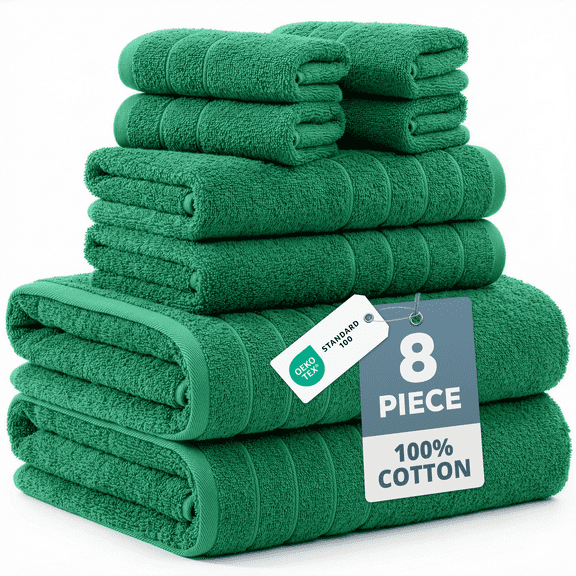 Casa Platino 8-Piece Bathroom Towels – Luxurious 100% Ring Spun Cotton, Includes 2 Bath, 2 Hand & 4 Washcloths, Quick-Dry, Lightweight, Everyday Essential – Emerald