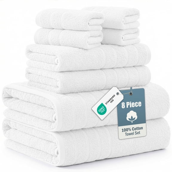 Casa Platino 100% Ring-Spun Cotton Bath Towels Set of 8 – 2 Bath, 2 Hand Towels & 4 Washcloths, Soft, Ideal for Spa, Hotel & Home, Durable After Multiple Washes – White