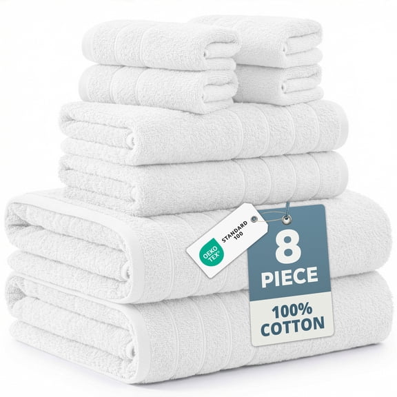 Casa Platino 100% Ring-Spun Cotton Bath Towels Set of 8 – 2 Bath, 2 Hand Towels & 4 Washcloths, Soft, Ideal for Spa, Hotel & Home, Durable After Multiple Washes – White