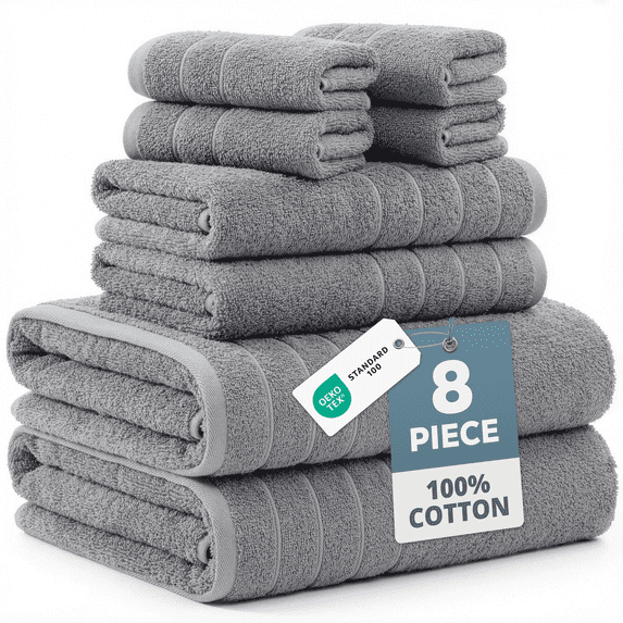 Casa Platino 8 Piece Bath Towel Set, 2 Large Towels, 2 Hand Towels, 4 Washcloths, 100% Cotton, Highly Absorbent