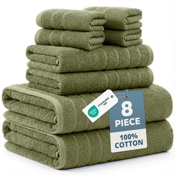 Casa Platino Bath Towel Set of 8– 100% Ring-Spun Cotton, 2 Large Bath Towel, 2 Hand Towels & 4 Wash cloths, Quick Dry & Long-Lasting, Perfect for Family Bathrooms – Oil Green