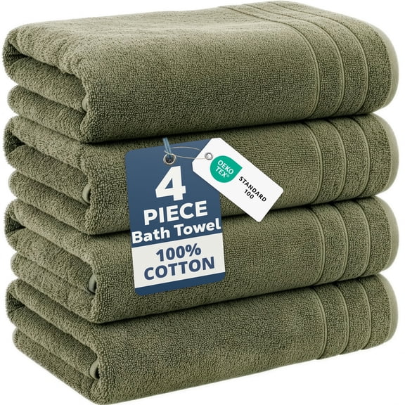 Casa Platino Bath Towels Set - 4-Pack Soft & Absorbent 100% Cotton Towels for Home, Spa, Gym & Travel - Oil Green