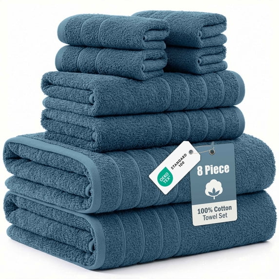 Casa Platino Bathroom Towels Set of 8 – 100% Ring-Spun Cotton, 2 Bath Towels, 2 Handtowel & 4 Washcloths, Luxury cotton design, Perfect for Hotel, Salon & Guests – Steel Blue