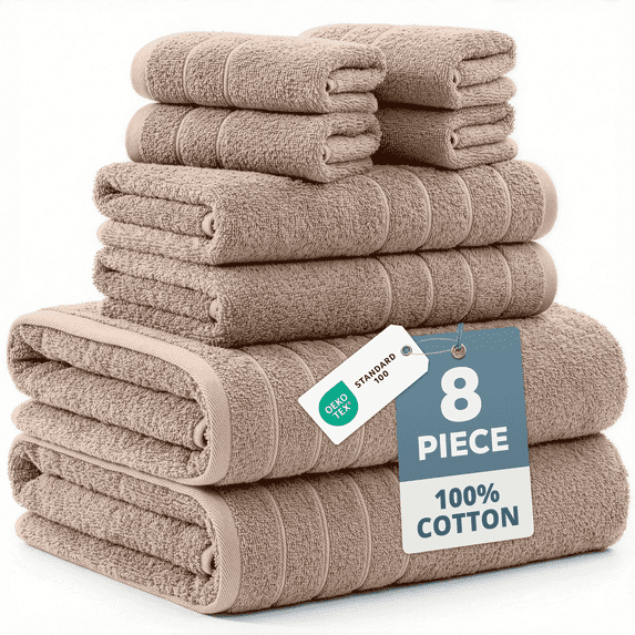 Casa Platino Bathroom Towels Set of 8 – 100% Ring-Spun Cotton, 2 Bath, 2 Handtowel & 4 Washcloths, Luxury cotton design, Perfect for Hotel, Salon & Guests – Towny Brown
