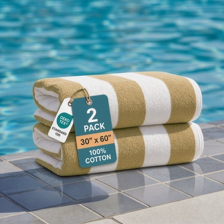 Casa Platino Beach Towels 2 Pack - 30" x 60" 100% Cotton Beach Towel Set, Thick & Highly Absorbent, Quick Dry Cabana Striped Towel Set for Holiday Travel & Vacation - Biege